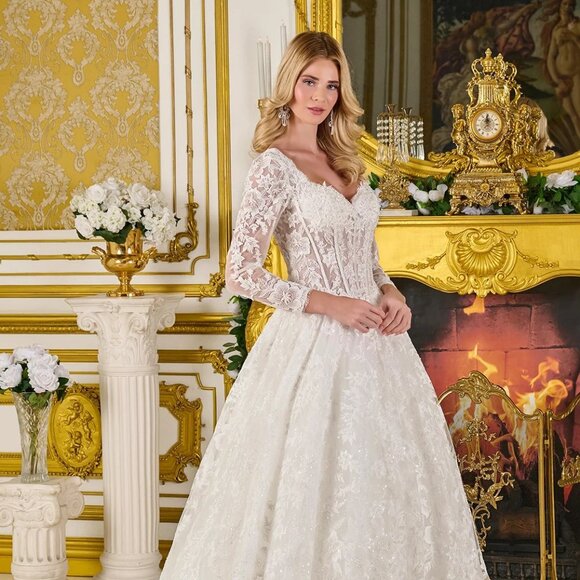 New Off White Floral Wedding Mesh Dress w/ Lace Up Back & V-Neckline GL3819 - Picture 1 of 14